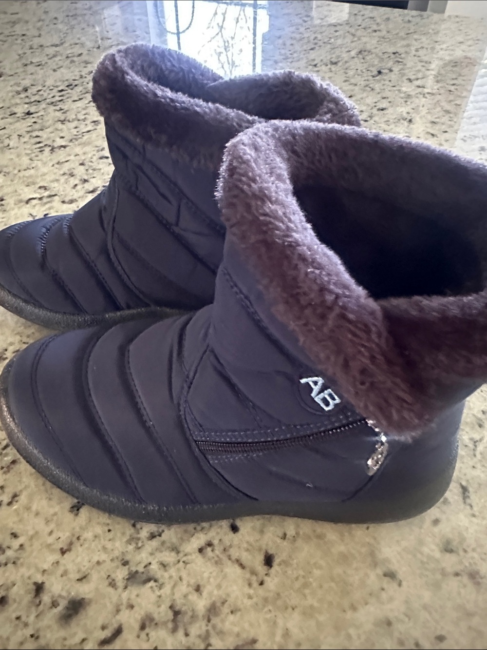 Ag Adriano Goldschmmied Quilted Dark Navy Winter Booties with Faux Fur Trim